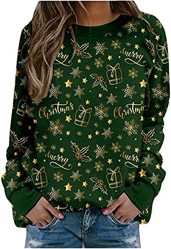 Kadın Rahat Tişörtü Tops Noel Kar Tanesi Ren Geyiği Noel Tatil Tunik Üstleri Uzun Kollu Kazak T Shirt