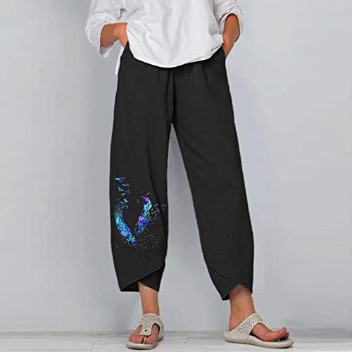 CHGBMOK kadın Baggy Keten Pantolon Geniş Bacak Pantolon Elastik Bel Kırpılmış Salonu Pantolon Yaz Boho Hafif Ayak Bileği