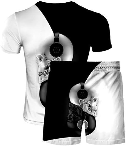 URVİP Erkek 2 ADET Cadılar Bayramı Kafatası Baskılı T-Shirt ve şort takımı Spor Örgü Eşofman