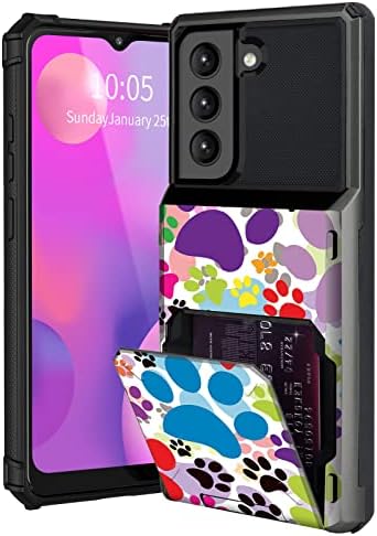 FUYOCWE Samsung Galaxy S21 FE Cüzdan Kılıf 5-Kart Tutucu Kapak Çevirin Köpek Pawprint Renkli Tasarım, çift Katmanlı Zırh