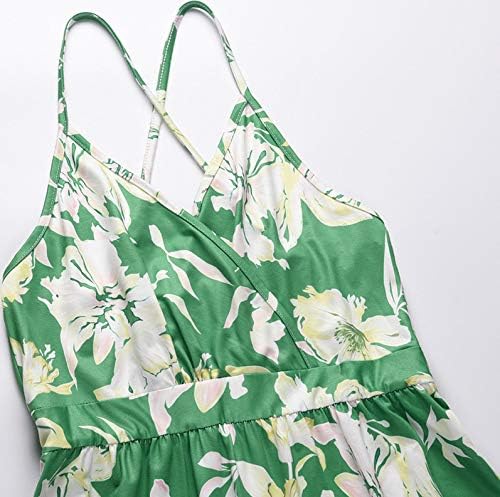 Bayan Casual derin V boyun çiçek Bohem spagetti kayışı plaj Maxi elbise