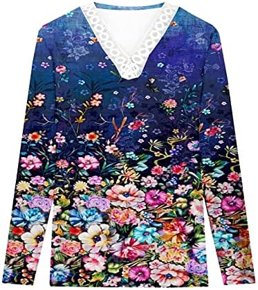 Bahar Çiçek Baskılı Üstleri Kadınlar için Tığ İşi Dantel Trim V Boyun T Shirt Casual Gevşek 3/4 Kollu Kazak Tee Gömlek