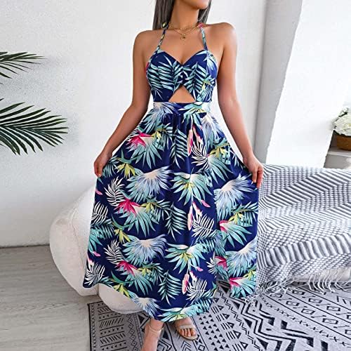Kadın Yaz Boho Halter Maxi Elbise Kesme Kolsuz Yarık Çiçek Flare Flowy Uzun Plaj Elbiseleri Düğün Konuk için