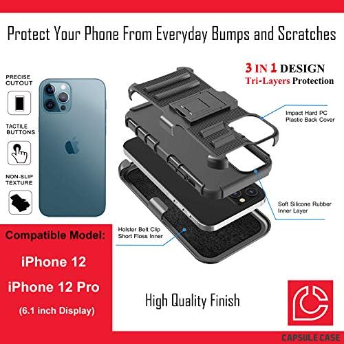Ohiya Kılıfı iPhone 12 Pro ile Uyumlu [Askeri Sınıf Koruma Darbeye Dayanıklı Kickstand Kılıf Koruyucu Siyah Kılıf Kapak]