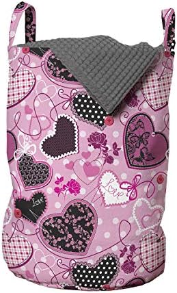 Lunarable Hearts Çamaşır Torbası, Puantiyeli Dikiş Temalı Aşk Sevgililer Günü'nden İlham Alan Görüntü, Kulplu Sepet Çamaşırhaneler