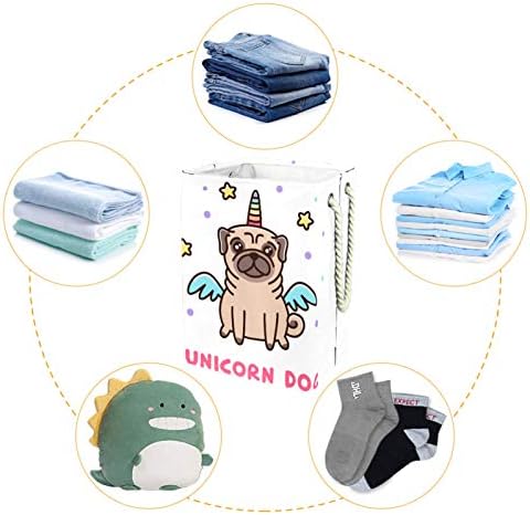 MAPOLO Çamaşır Sepeti Komik Pug Unicorn Köpek Katlanabilir Keten çamaşır sepeti Kolları ile Ayrılabilir Parantez İyi Tutan