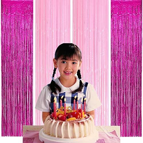 Boopatı 3.2x6. 5 ft Pembe ve Gül Kırmızı Metalik Tinsel Folyo Saçak Perdeleri BarbiPrincess Tema Parti Kız Doğum Günü Bebek