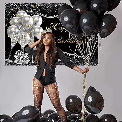 Bellımas Mutlu Doğum Günü Backdrop Gümüş ve Siyah Kadın Doğum Günü Partisi Afiş Yüksek Topuklu Şampanya Gül Balon Arka Plan