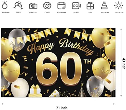 Mutlu 60th Doğum Günü Afiş Zemin İşareti, ekstra Büyük Altın Siyah Doğum Günü Partisi Malzemeleri Dekorasyon için Kapalı
