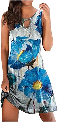 Sundress Kadınlar için Yaz Kolsuz Tank Elbise Gevşek Crewneck Hollow Out Boho Çiçek Baskı Plaj Tatil Elbise