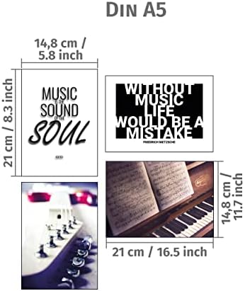 GREAT ART ® Mood Kartları Motifleri Müzik Seti / 8 Şık Modern Duvar Resimleri Kolaj Deco / 4X Din A4 ve 4X Din A5 / Piyano