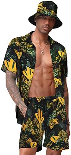 COOFANDY Erkek havai gömleği ve Kısa Set Çiçek 2 Parçalı Plaj Kıyafeti Kova Şapkalı