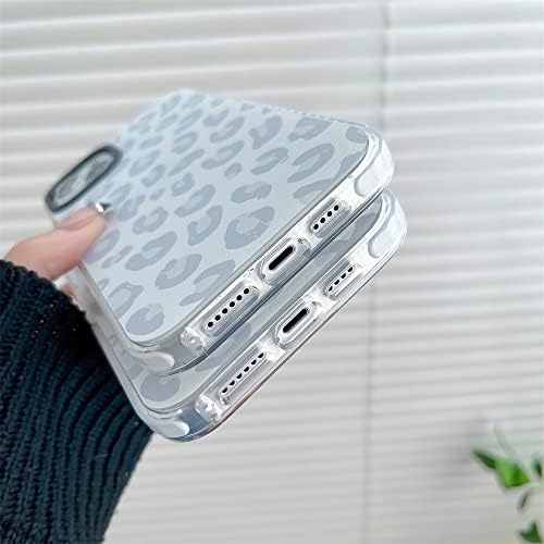 Beyaz Leopar Açık Gri Yumuşak Telefon Kılıfı Apple iPhone 14 için 6.1 Dahili Tampon Kadınlar Sevimli Şık Kapak iPhone 14-6.