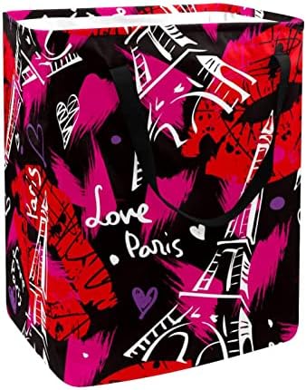Paris Eyfel Kulesi Kırmızı Ağız Baskı Katlanabilir Çamaşır Sepeti, 60L Su Geçirmez çamaşır sepetleri Çamaşır Kutusu Giysi