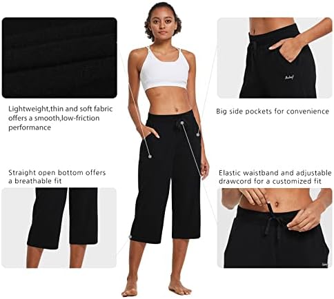 BALEAF kadın Kapriler Yoga Pantolon Pamuk Geniş Bacak Gevşek Rahat Salon Egzersiz Capri Sweatpants Cepler ile