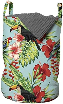 Ambesonne Egzotik Çamaşır Torbası, Papağan ve Tukan Kuşları ile Ebegümeci Çiçek ve Yapraklarının Tropikal İllüstrasyonu,