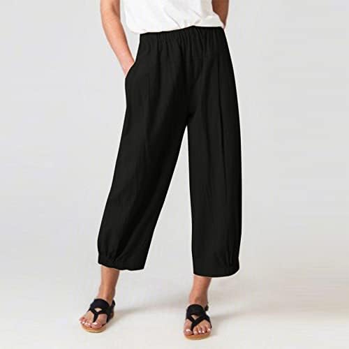 BÜYÜK BEUU Keten Pantolon Kadınlar için Düz Renk Elastik Bel Dikiş Düz Yüksek Bel Kırpılmış Pantolon Rahat kapri pantolonlar