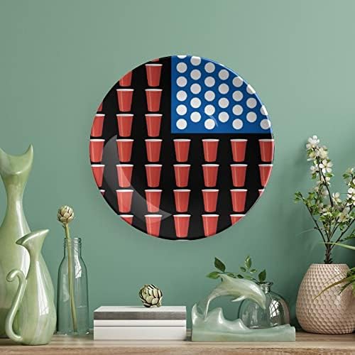 Bira Pong Amerikan Bayrağı Baskılı Kemik Çini Dekoratif Levha yuvarlak Tabaklar Zanaat Ekran Standı ile Ev Ofis için Duvar