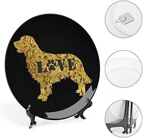Golden Retriever Aşk Köpek Pençe Kemik Çini Dekoratif Levha Yuvarlak Seramik Tabaklar Zanaat Ekran Standı ile Ev Ofis için