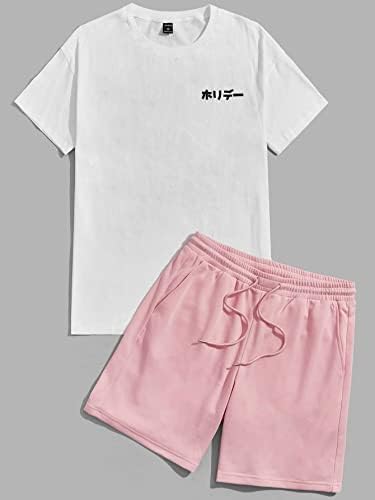 NIBHZ İki Parçalı Kıyafetler Erkekler için İçecek ve Japon Mektup Grafik Tee ve İpli Bel Şort (Renk: Çok Renkli, Boyut: XX-Large)
