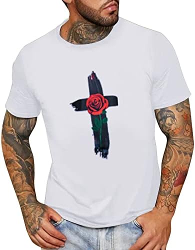 XXBR erkek Yaz Kısa Kollu T-Shirt, isa Çapraz Gül Baskı Crewneck Temel T Gömlek Casual Gevşek Egzersiz Tee Tops