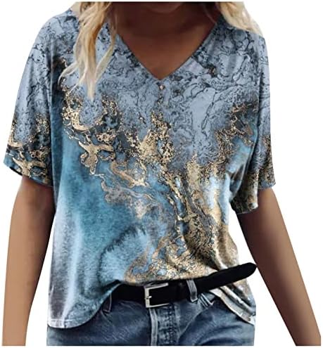 Kısa Kollu Bluz Bayanlar Pamuk Crewneck Derin V Boyun Mermer Grafik Gevşek Fit Brunch Bluz Tshirt Genç Kızlar için