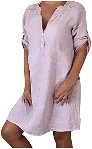 Kadın Güneş Elbiseler Yaz Casual Crewneck Düğme Gevşek Pamuk Kenevir Düz Renk Elbise Elbiseler 2023