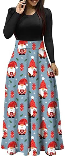 Kadın Noel T Shirt Elbise Casual Maxi Uzunluk T-Shirt Elbise Ekip Boyun Uzun Kollu Noel Santa Baskı Elbiseler