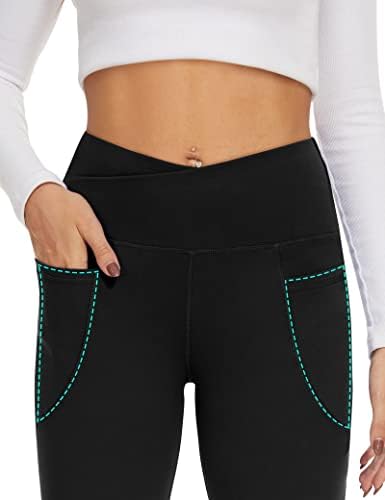 ESOFT Kadın Siyah Yoga Cepli pantolon, Yüksek Bel Crossover Bootcut Flare Tayt
