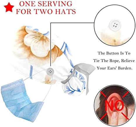 Çalışma Şapka Düğmeleri ve Kurdele Bağları Kadınlar için 2 Paket, Çizgi Çiçekler Ayarlanabilir Unisex Cerrahi Kapaklar Fırçalama