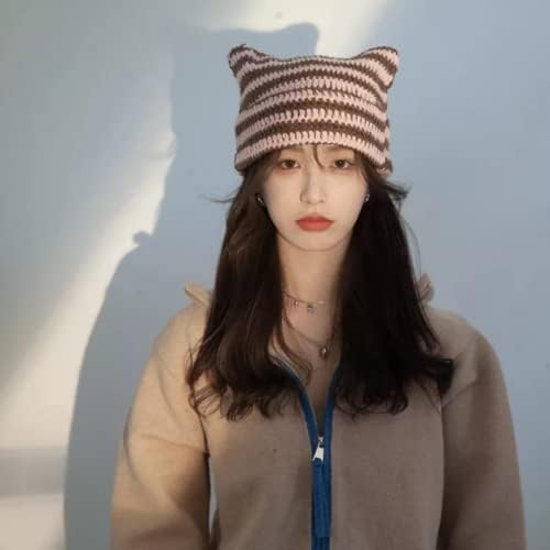 Kedi Kulak Bere Çizgili dantel şapka Kadınlar için Y2K Vintage Kasketleri Kadın Tilki Şapka Grunge Şapkalar Anahtarlık ile