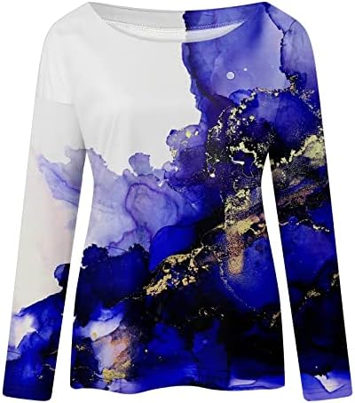 Bluzlar Genç Kız için Uzun Kollu Tekne Boyun Renk Blok Mermer Grafik Zayıflama Tunikler Bluzlar Bayan 2023 MR