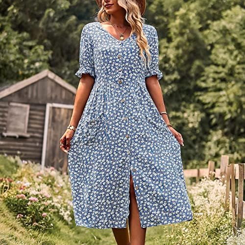 Boho Çiçek Maxi Elbise Kadınlar için Fırfır Kısa Kollu Düğme Aşağı Yaz rahat elbise Tatil Plaj Elbise ile Cep