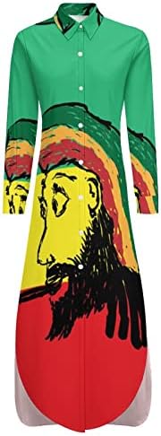 Portre Rastafarian Bir Sigara ile Gömlek Elbise Uzun Kollu Düğme Aşağı Elbise Casual Gevşek Maxi Elbiseler Kadınlar için