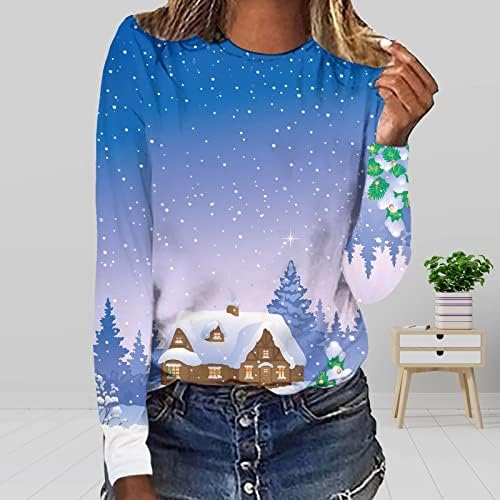 Uzun Kollu Gömlek Kadınlar İçin Moda Noel baskılı bol tişört bluz yuvarlak Boyun Casual Tops
