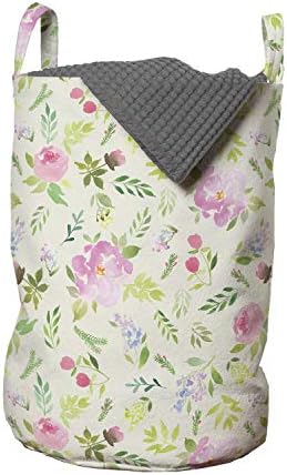Ambesonne Çiçekli Çamaşır Torbası, Bahar Canlanma Temasının Yumuşak Pastel Suluboya Tasarımı Taze Çiçekler ve Bitkiler, Kulplu