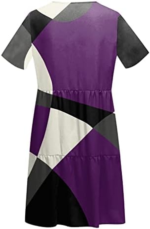 Lmdudan T Shirt Elbise Kadınlar için Geometri Baskı Patchwork Kısa Kollu Elbiseler Gevşek Rahat Bir Çizgi Parti Elbise Yensiz