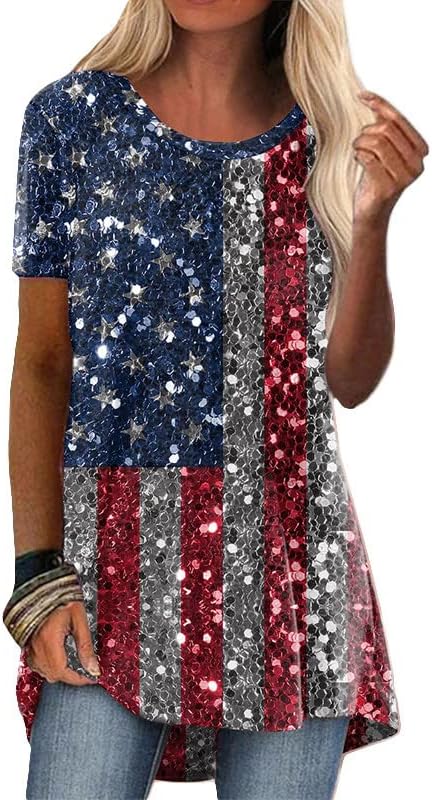 Amerikan Bayrağı Gömlek Kadınlar için ABD Bayrağı Tee Kısa Kollu Flowy T-Shirt Vatansever 4th Temmuz Gömlek Yıldız Çizgili