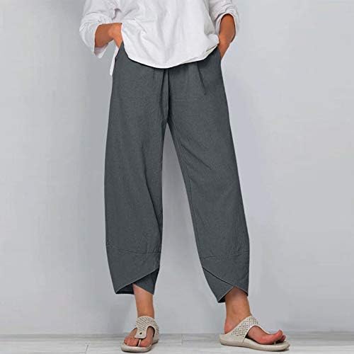 QWENTMTNTY Artı Boyutu Kapriler Pantolon Kadınlar ıçin Pamuk Keten Geniş Bacak Rahat Yaz Rahat Yüksek Belli Gevşek Mahsul