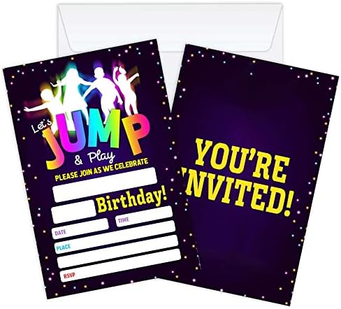WUAWN 20 Jump Tumble & Play Zarflı Doğum Günü Davetiyeleri, Neon Jimnastik Dolgulu Doğum Günü Davet Kartları Erkekler ve